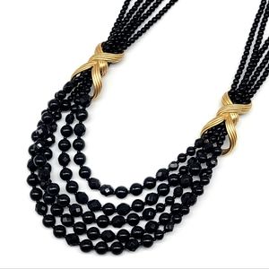 Oscar de la Renta Black Glass Bead Multistrand Layered Swag Necklace Gold Detail